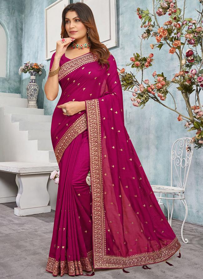 Vichitra Blooming Rani Pink Wedding Wear Embroidery Work Saree